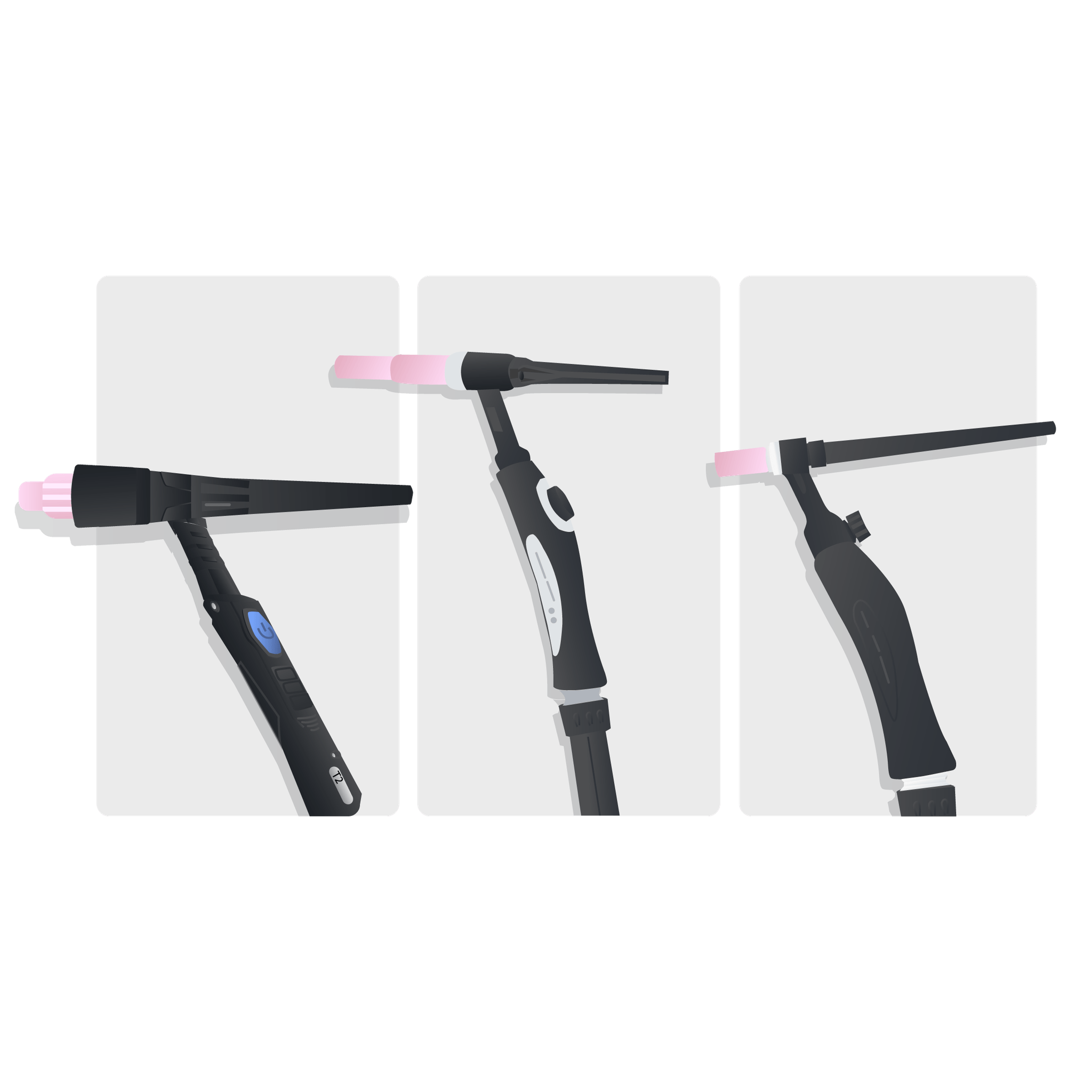 Line up of TIG torches, T2 TIG torch, high-frequency TIG torch, lift arc gas valve TIG torch