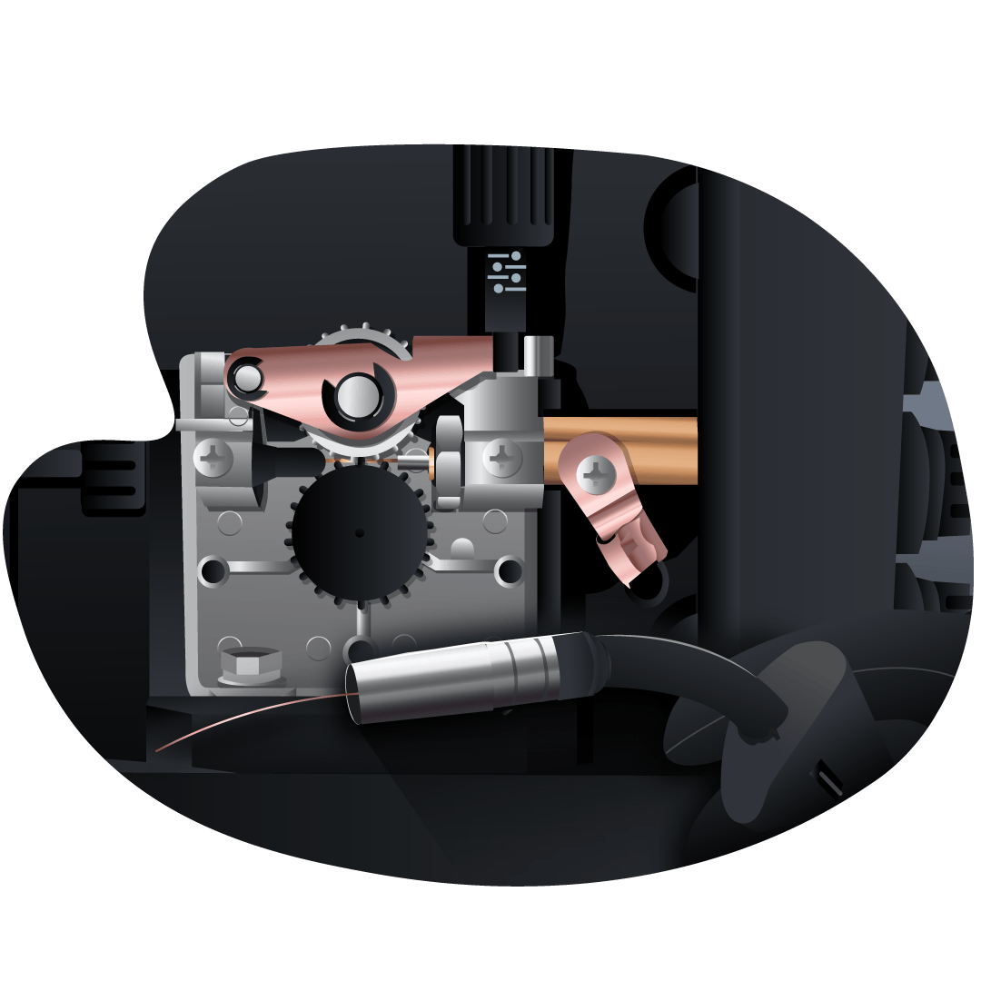 MIG torch with wire protruding from the nozzle in front of MIG welder drive rollers illustration