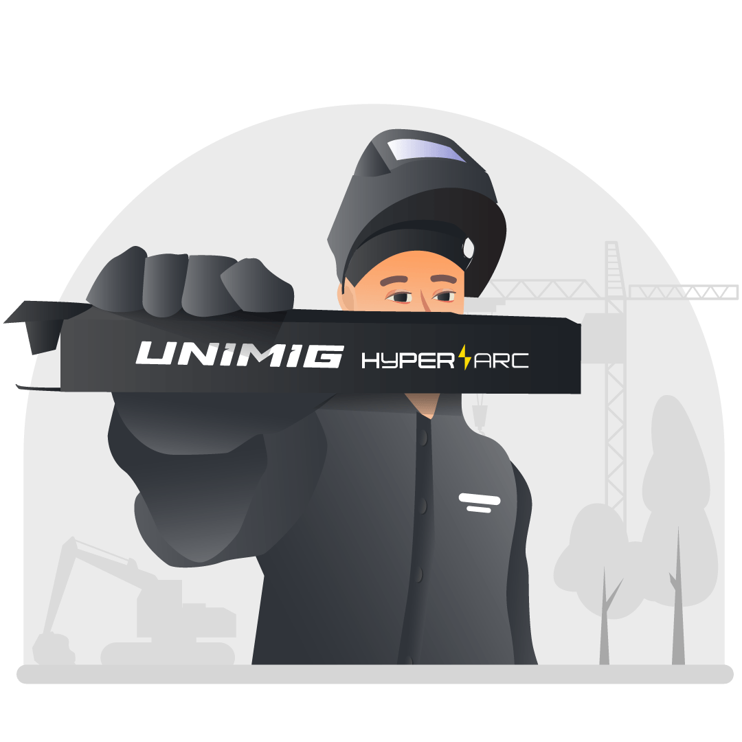 Welder holding a packet of UNIMIG HYPERARC electrodes up illustration